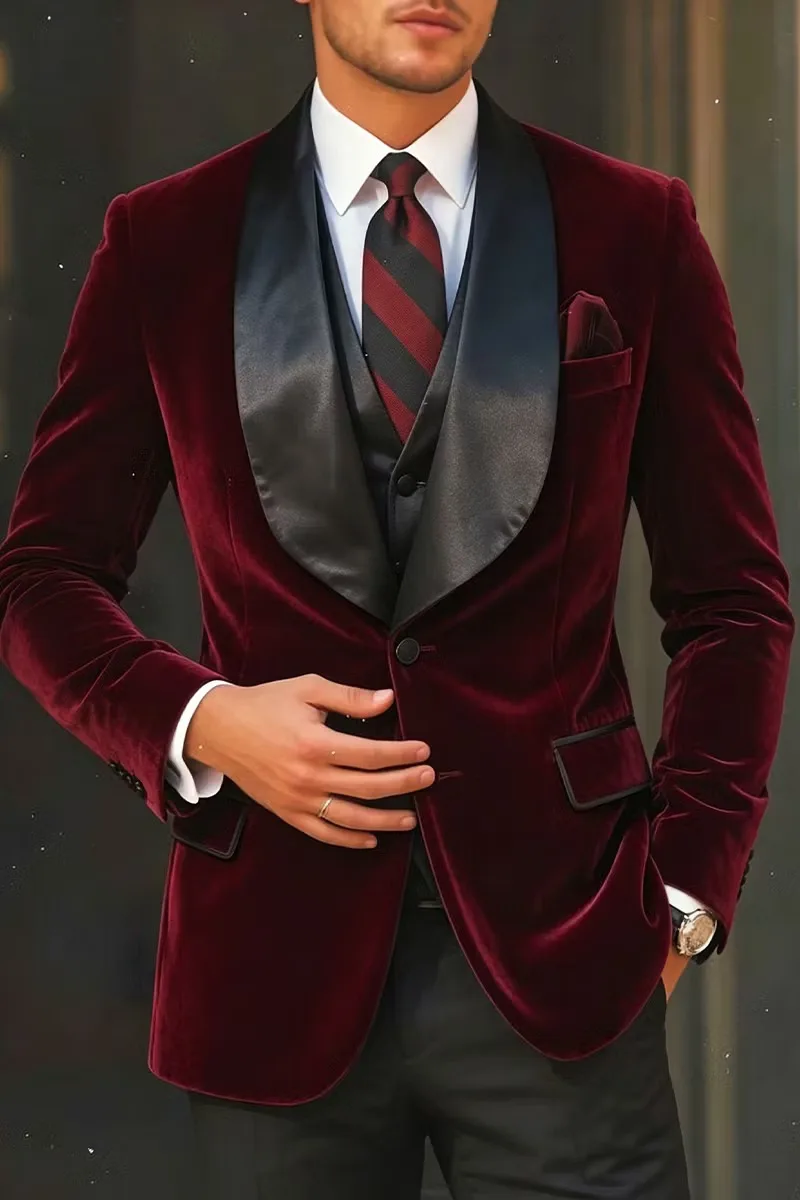 Luxury Burgundy Velvet Tuxedo Blazer with Contrast Black Satin Shawl Lapel and Single Button Men Gala Jacket Customized M266925
