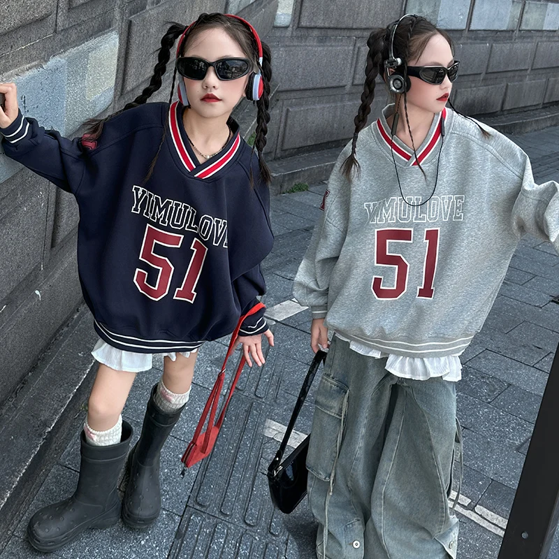 Girls' American Retro College Style V-Neck Sweatshirt Hoodie Letter Print Loose Outerwear Casual Polyester Fiber Spring Autum...