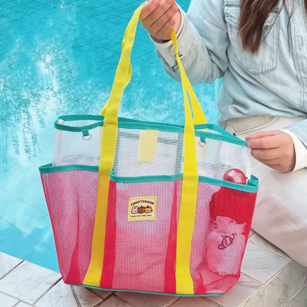 

Soild Color Nylon Mesh Beach Bag Gauze Separation Toiletry Storage Bag Large Capacity Breathable Swimming Bag Summer