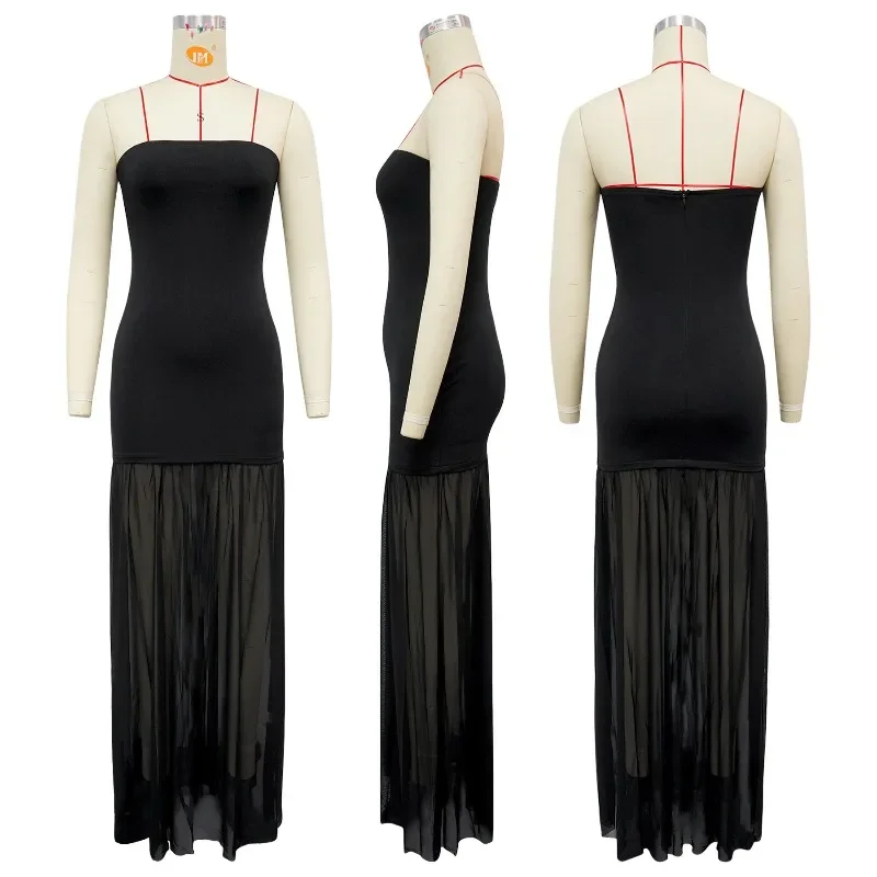 GUWU Damen Sexy rückenfreies Party-Maxikleid, durchsichtiges Netz, Spleißen, einfarbig, schwarz, trägerlos, Clubwear, Ausgehen