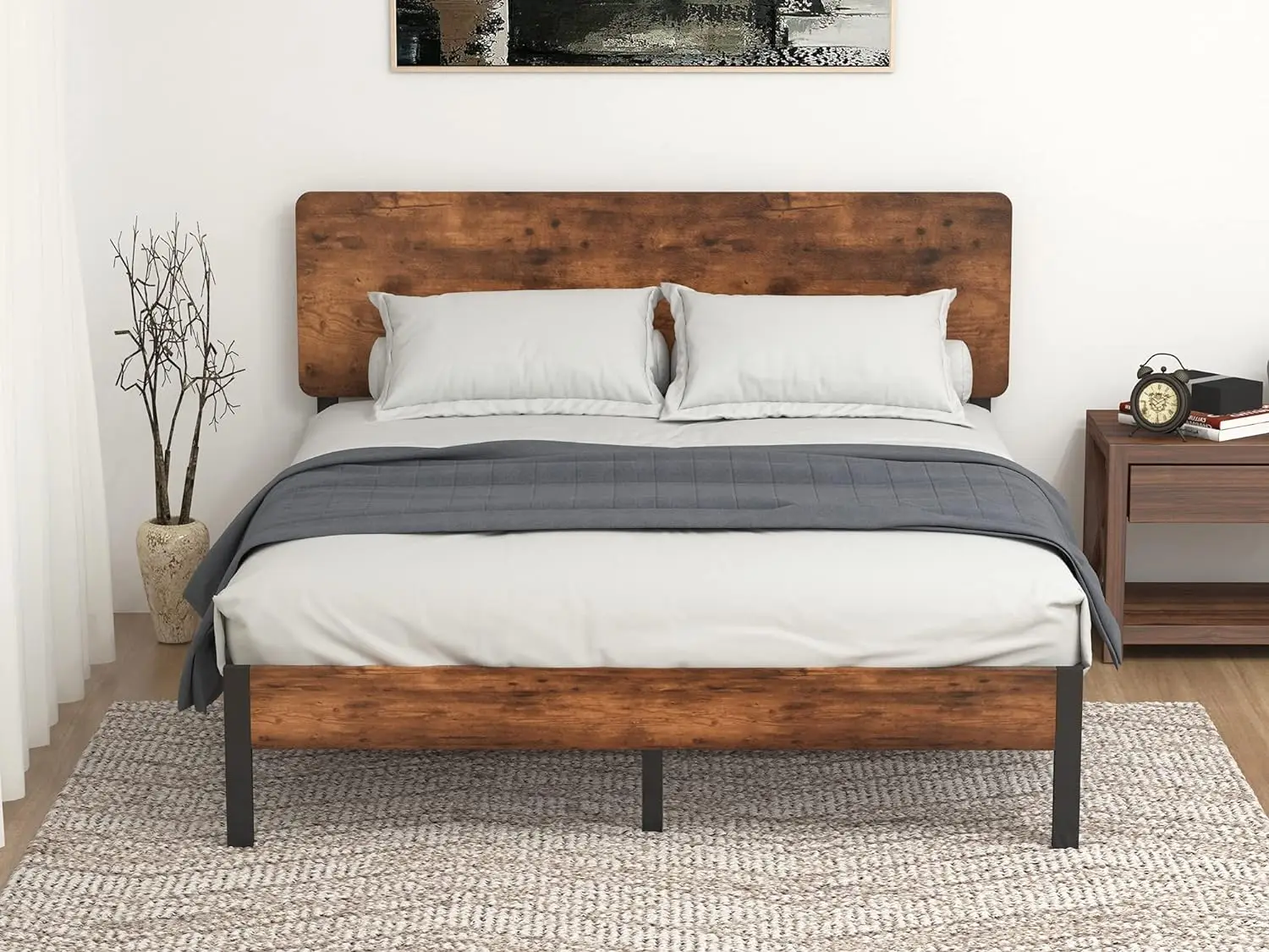 Full Size Platform Bed Frame with Wood headboard and Metal Slats/Rustic Country Style Mattress Foundation/Box Spring Optiona