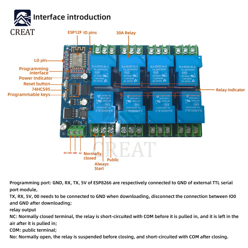 DC7-28/5V Power Supply ESP8266 WIFI 8 Channel 30A Relay Module ESP-12F Development Board