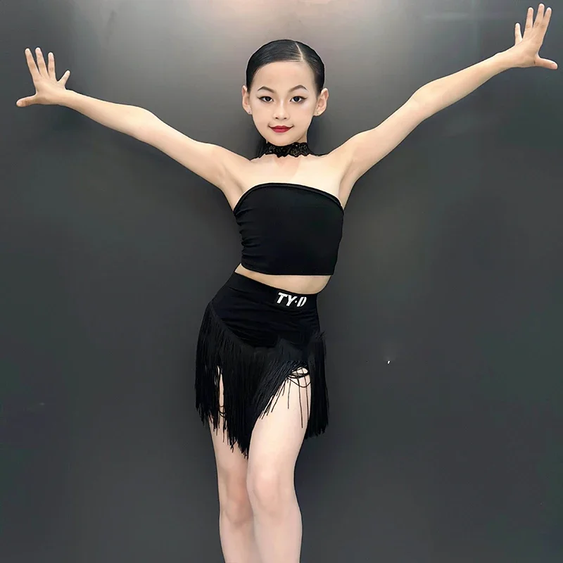 

New Latin Dance Costume Girl's Tango Rumba Salsa Dance Wear Black Dance Tassels Skirt Set Children's Performance Clothes