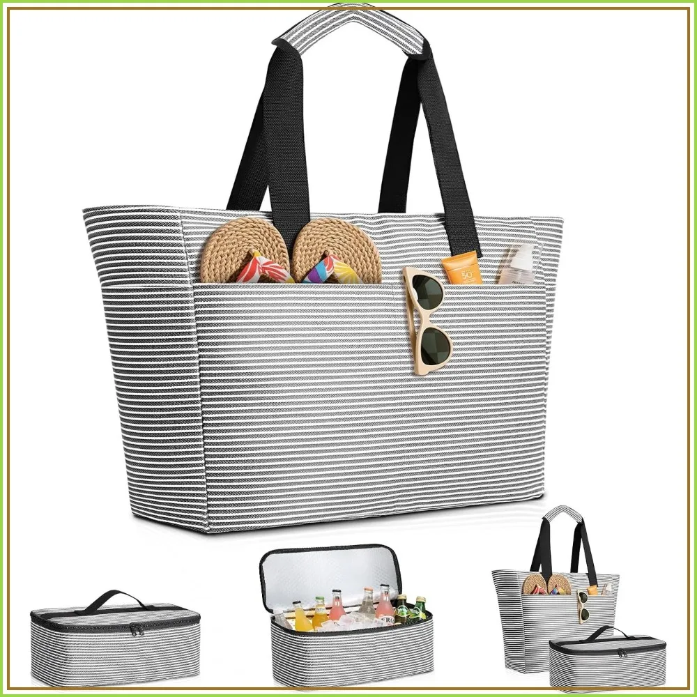 45L Waterproof Beach Bag and Cooler Set, XXL Foldable Tote with Zipper, 8 Pockets for Pool, Picnic, Travel