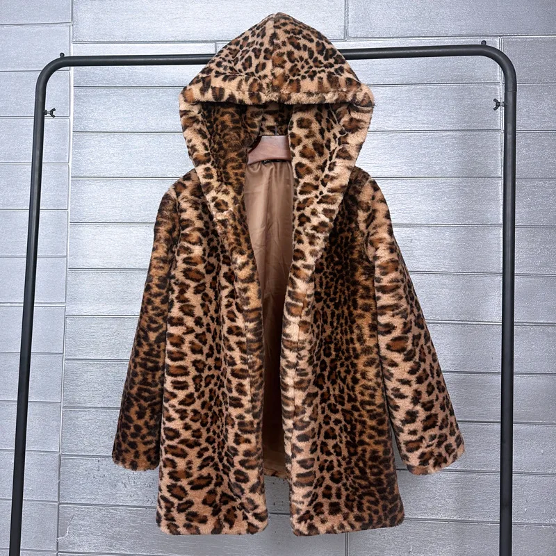 Female Fashion Leopard Print Faux Fur Coat Eco-friendly Hooded Jacket Lady Outerwear Women\'s Winter Coats Factory Direct Sales