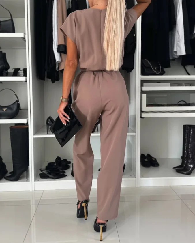 Women's Casual Pocket Design Rompers Summer New Fashion Female Clothing Wrap V-Neck Short Sleeve Tied Detail Jumpsuit for Women