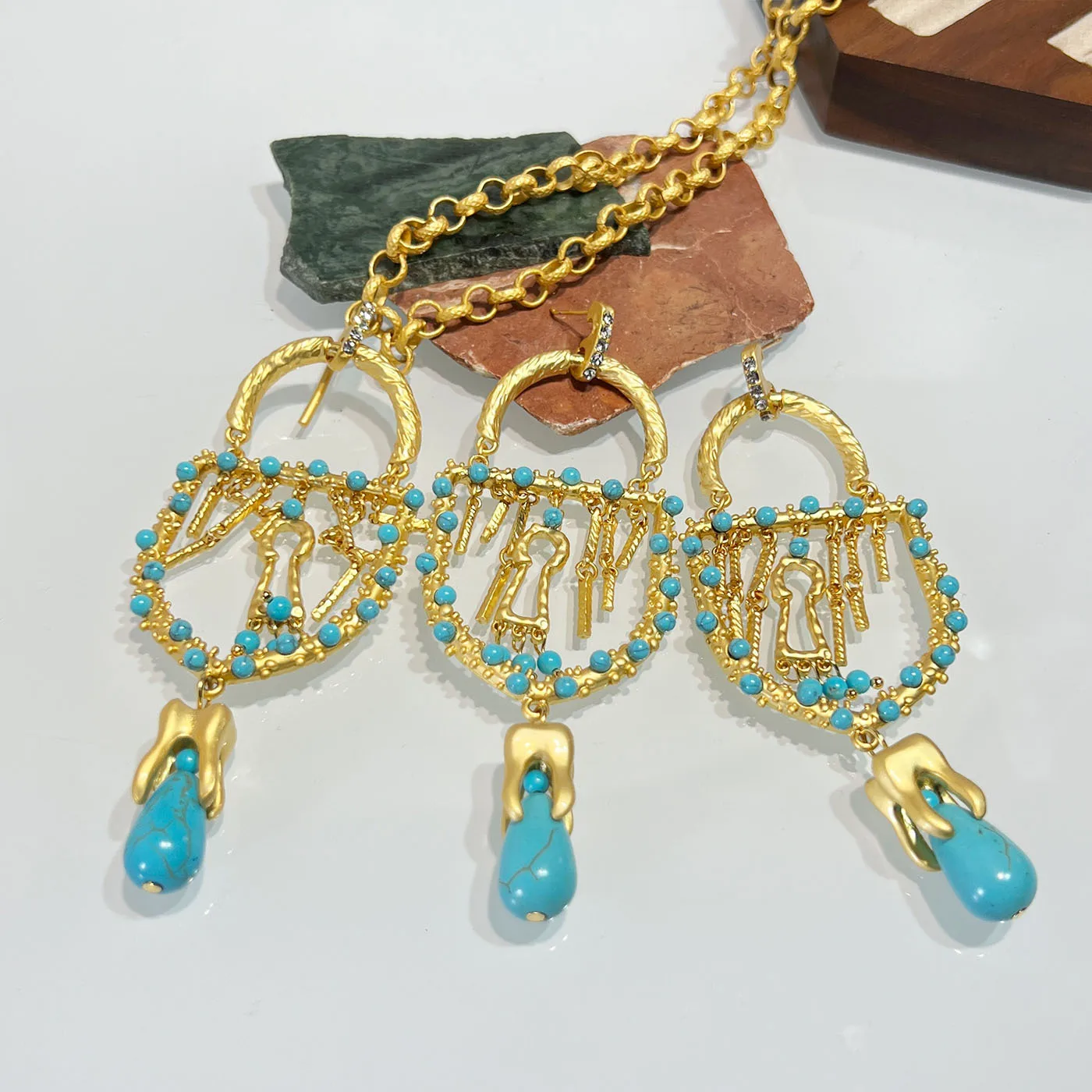 

Vintage Fine Jewelry Set 18K Gold Filled Waterdrop Turquoise Geometric Necklace Real Stone Bead Chunky Exaggerated Drop Earring