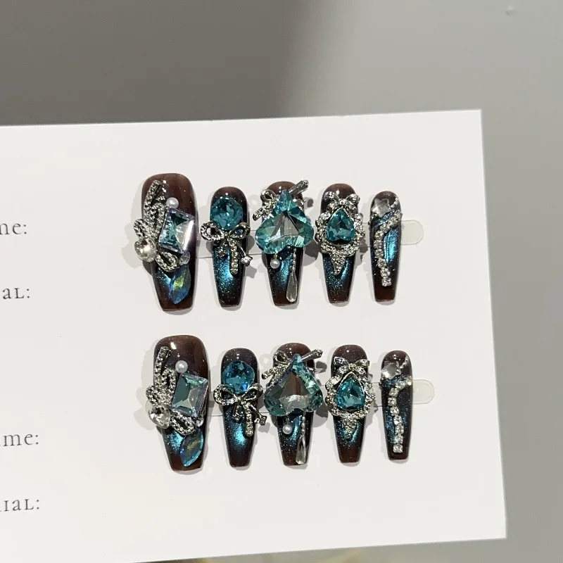 

10PCS Handmade Blue 3D Cat Eye Press on Nails Full Diamond Fake Nails Luxury Glitter False Nails Elegant European ارتداء الدروع