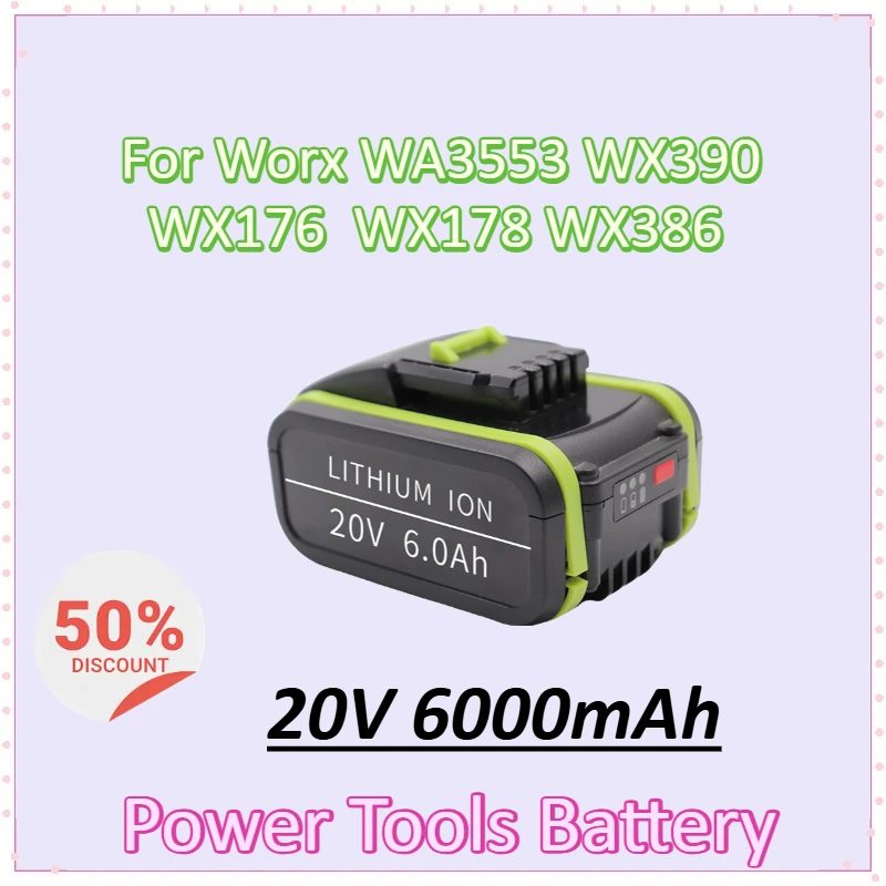 

20V 6000mAh WA3551 Lithium Rechargeable Replacement Battery For Worx WA3553 WX390 WX176 WX178 WX386 Power Tools High-Capacity