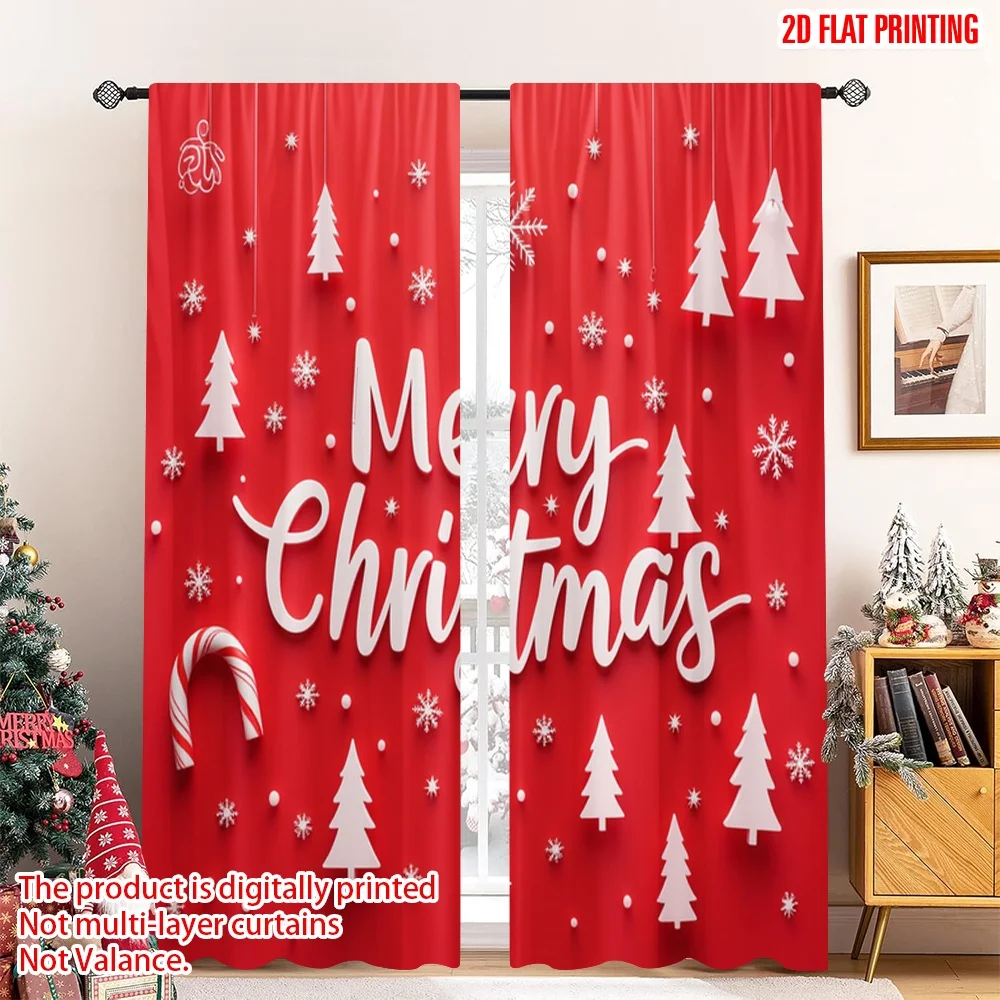 

2pcs 2D flat printing Merry Christmas Curtain Merry Christmas Trees Snowflakes Polyester Without Electricity Festive Holiday for