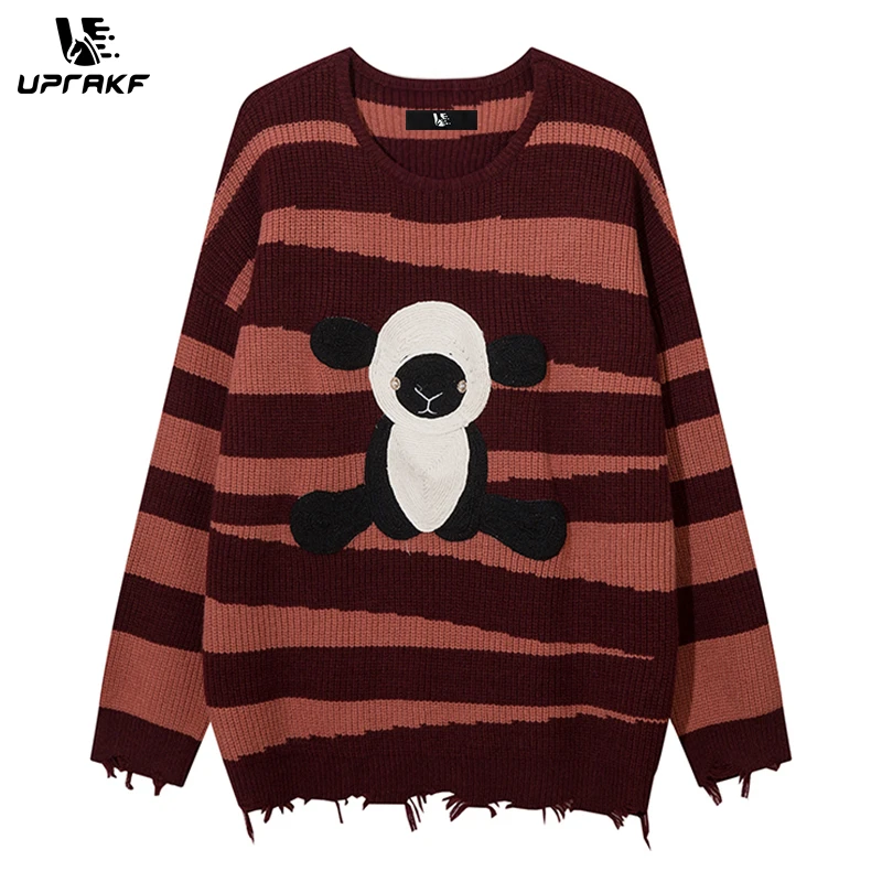 UPRAKF Cartoon Sheep Striped Sweater Long Sleeves Warm Autumn Harajuku Casual Trendy Fashion Loose O Neck Winter