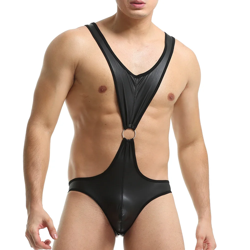 

Man Erotic Sexy Jockstrap Bodysuit Open Butt Faux Leather Male Wrestling Singlet Leotards PU Leather Catsuit Fetish Men Jumpsuit