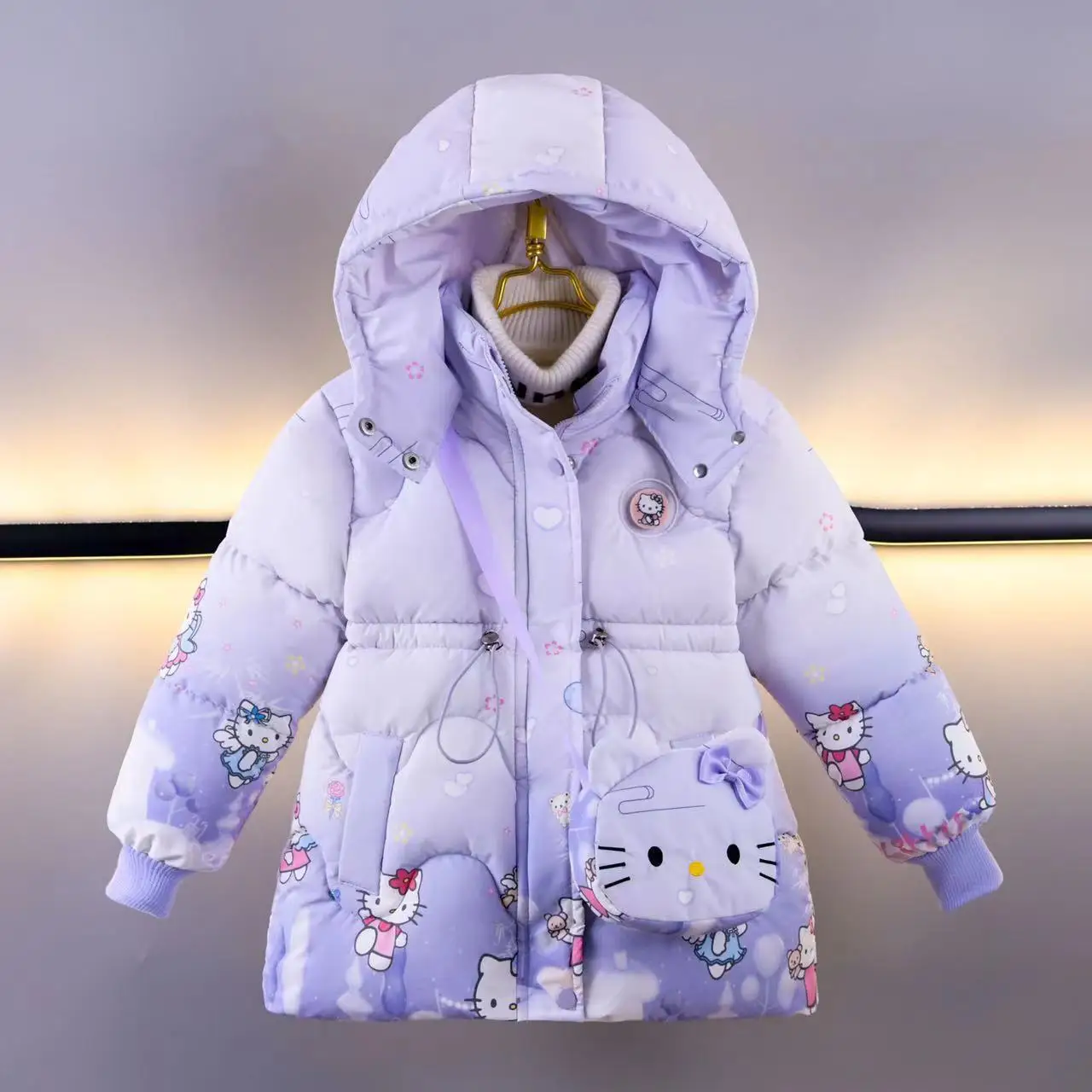 2024 Winter Girls Down Jackets Coats 4-8 Years Kids Sanrio Hello Kitty Fashion Thicken Warm Snow Coat Children Hooded Long Parka