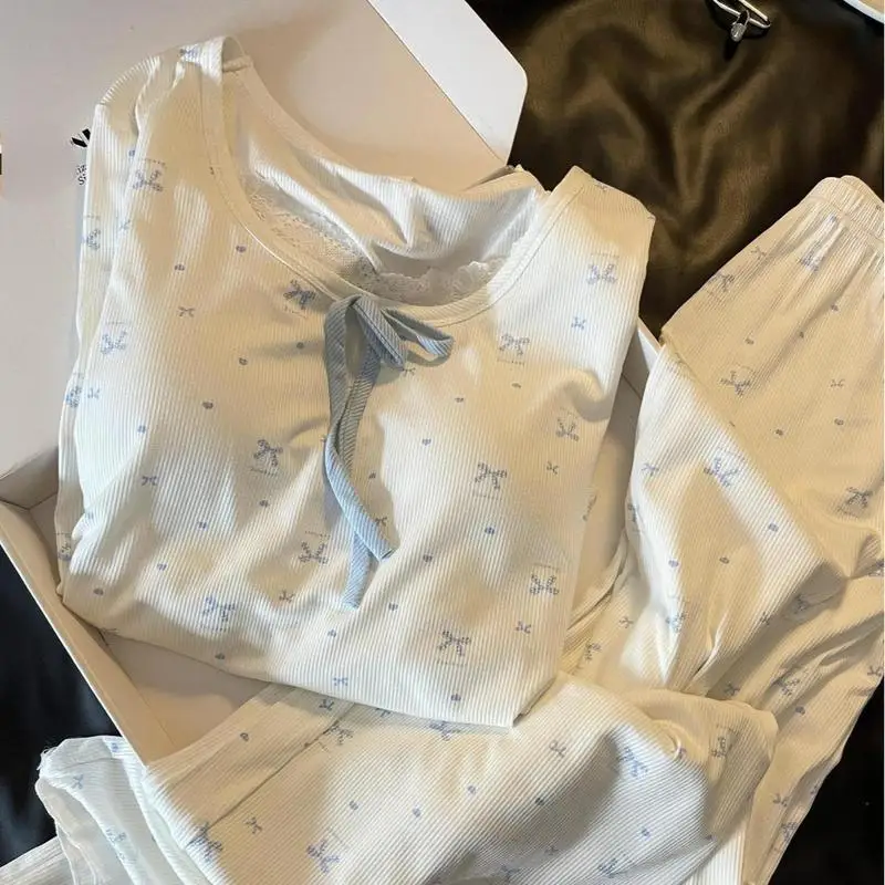 Autumn New Fashion Women's Lace Bow Pajamas Sweet and Cute Girl Long Sleeve Long Pants Home Clothes Student Set Comfortable