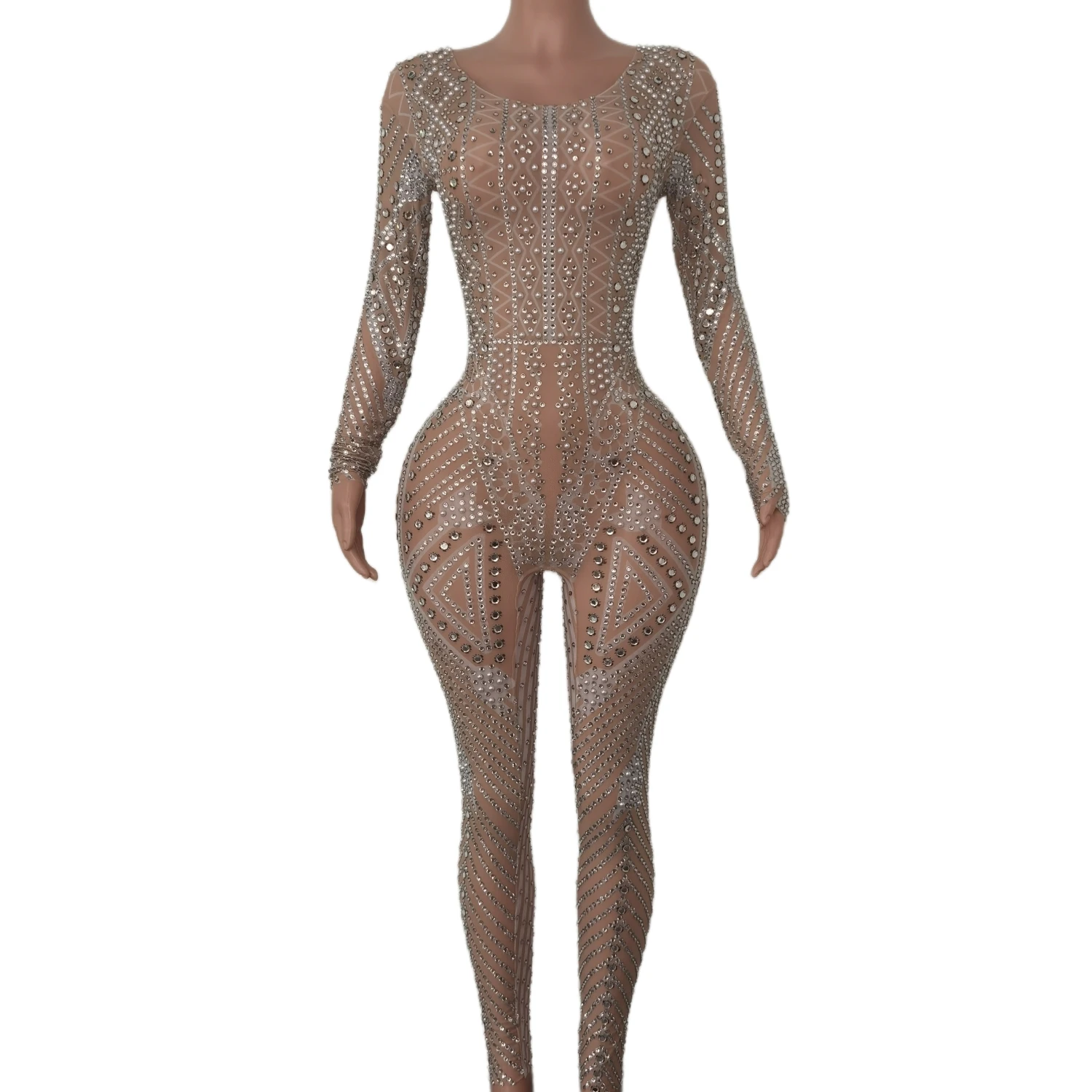 Designer Mesh See Through Crystal Bodycon Rompers Club Dance Leotard Women Rhinestone Bodysuits Plus Size One Piece Jumpsuits