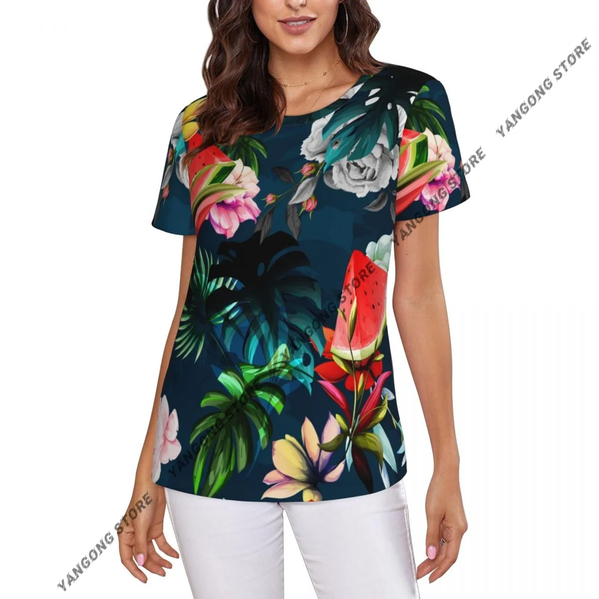 Casual Summer Woman Skinny Fit T-shirt Tight Short-Sleeve O-neck Tee Basic Tropical Watermelon Peony Flowers Leaf T Shirt