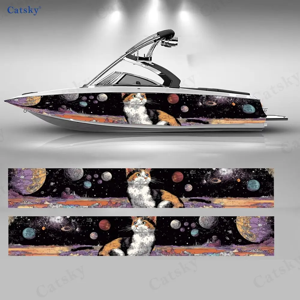 

2 шт. причудливых виниловых наклеек для лодки с космическим котом, милым калико-котом и планетами, графический дизайн, элементы космической галактики, внешняя наклейка для лодки
