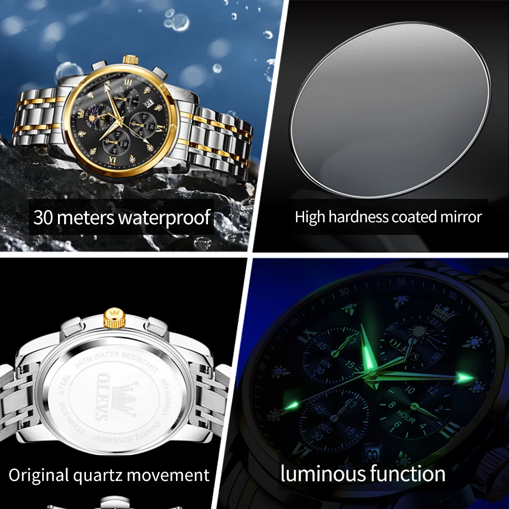 OLEVS 3655 Reloj de cuarzo de lujo para hombre, Reloj con sincronización de fase lunar a escala romana, Reloj con calendario luminoso resistente al agua, Reloj de marca para hombre