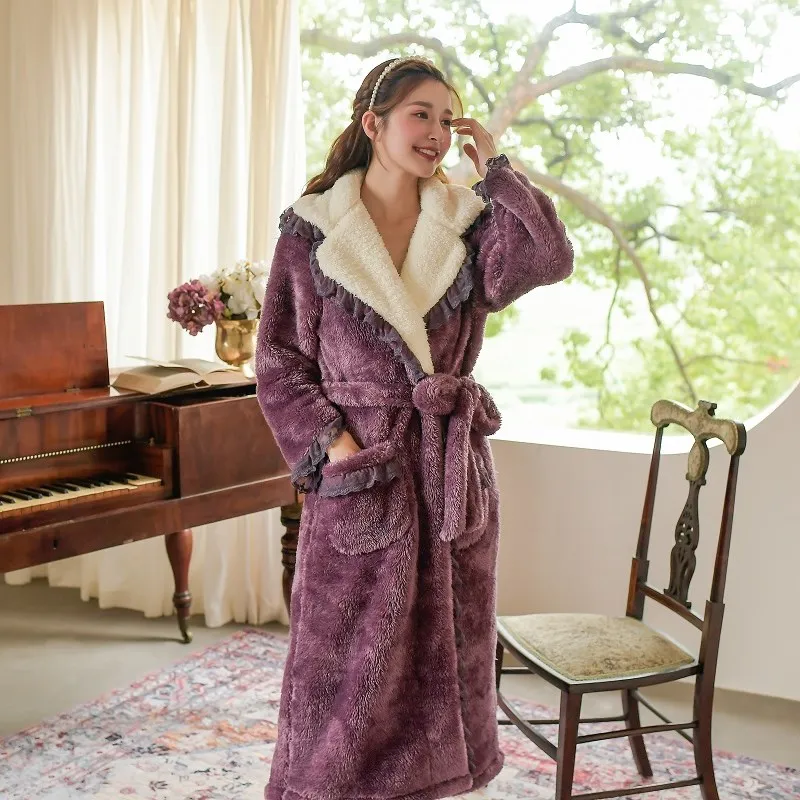 

Autumn Winter Soft Warm Sweet Women's Thick Flannel Bathrobe Vintage Princess Big Pocket Plus Size Loose Nightwear Bride Robes