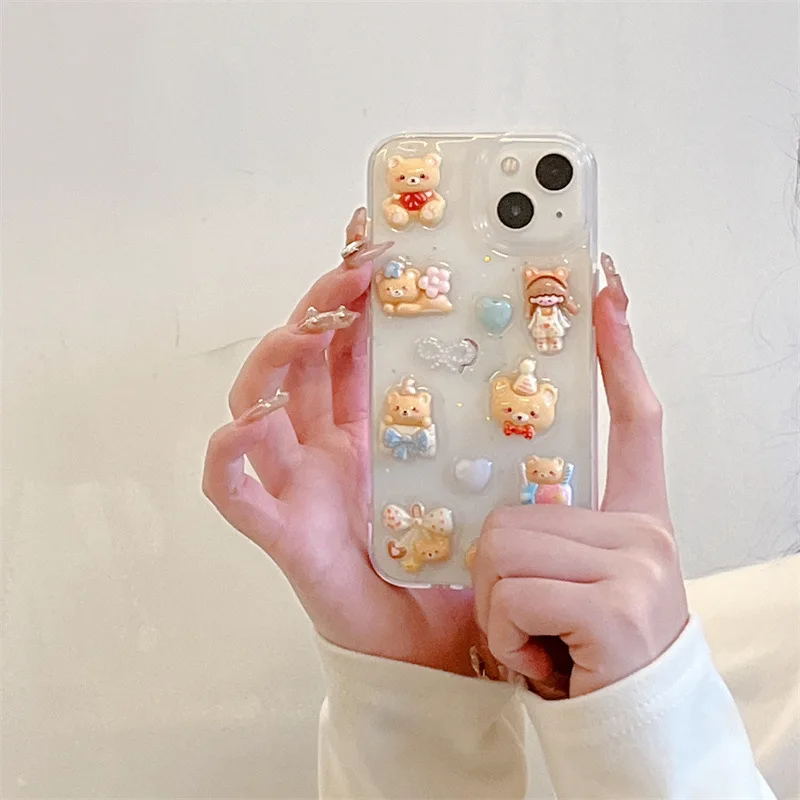 

Korean Style 3D Bear Girl Iphone15promax Phone Case for Apple 14 Cartoon 13 Transparent 12 Soft