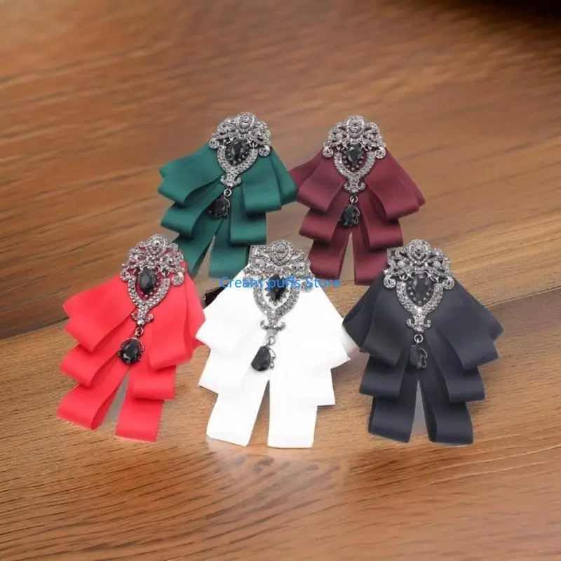 50LE Silk Ribbon Bowtie Brooch Pretied Necktie Wedding Crystal Bowknot Jabot Collar