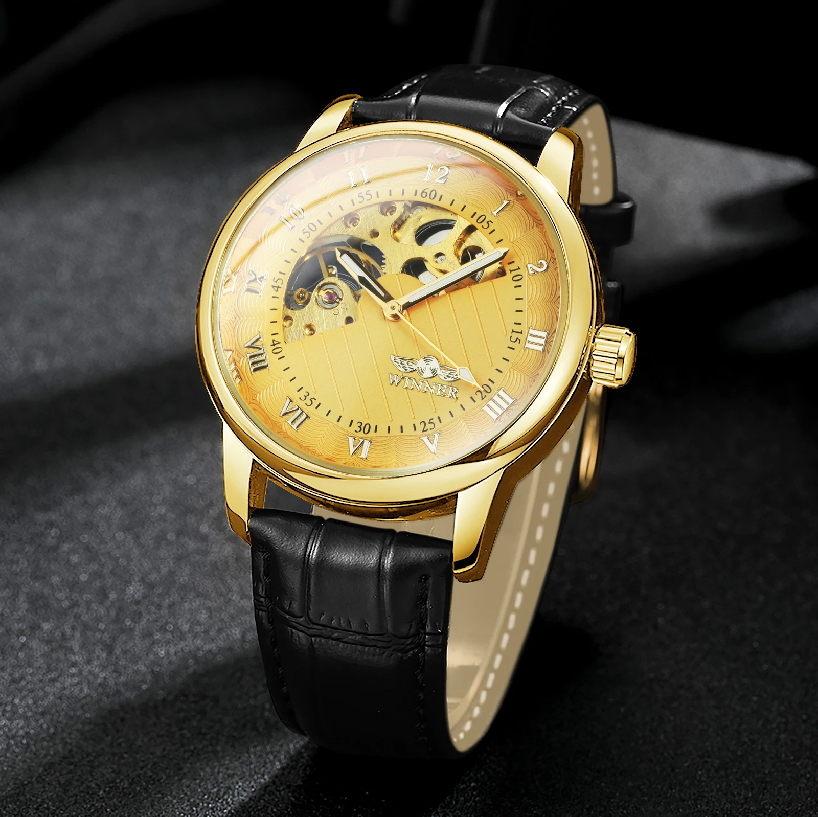 WINNER Vintage Mens Watches Top Brand Luxury Gold Skeleton Mechanical Watch Black Leather Strap Classic Wristwatches Luminous