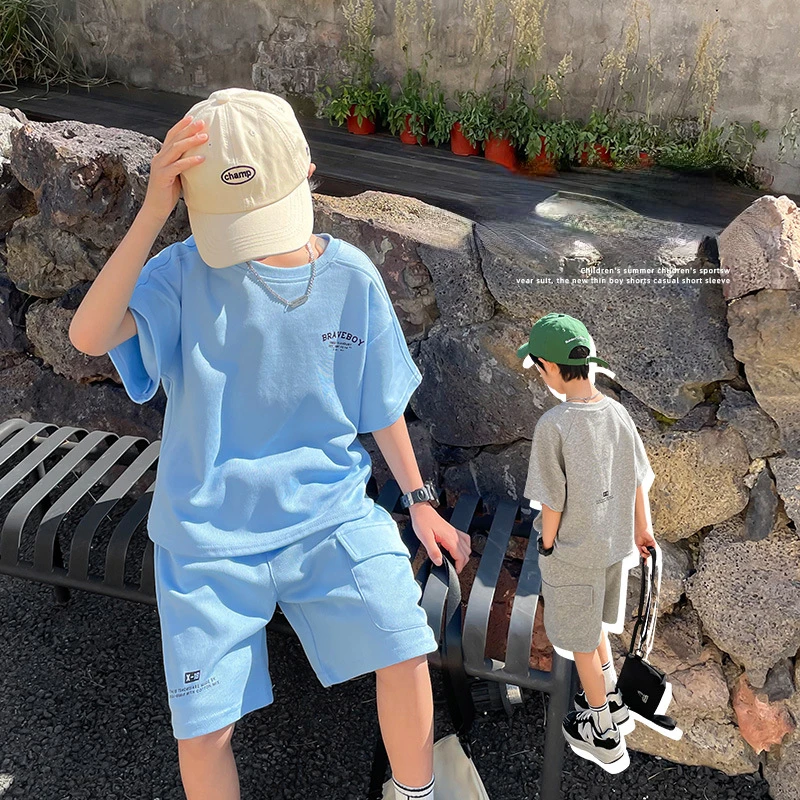 

Boys and Girls Suit Summer Thin Sports Suit 2024 New T-shirt Five-point Pants Casual Korean Two-piece Outer Wear Children's Sets