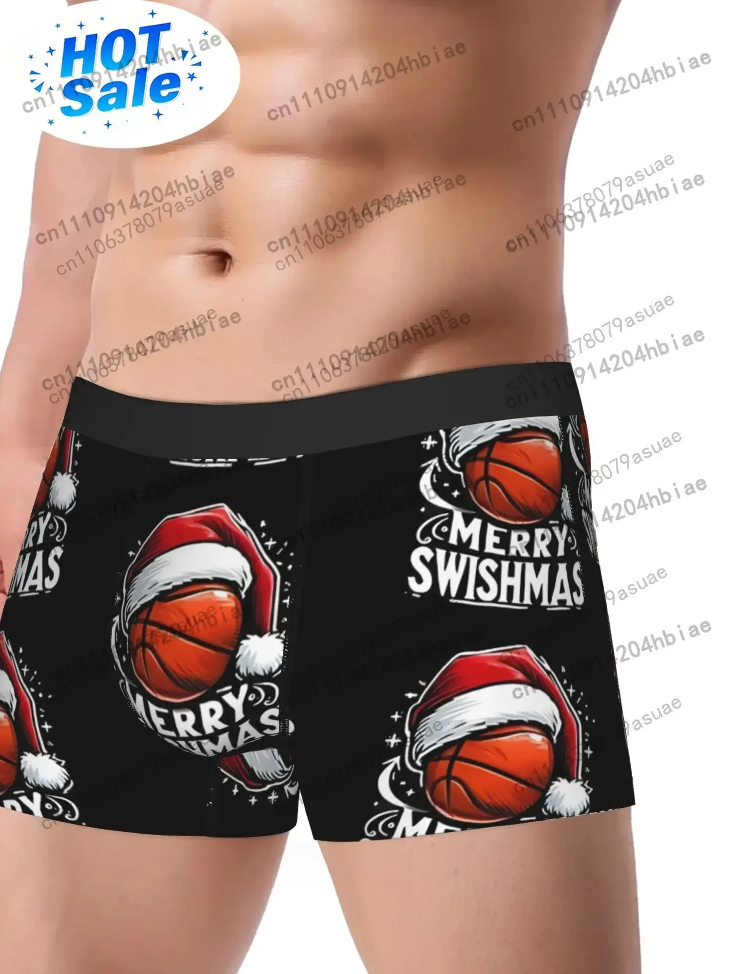 1pc Men's Ugly Christmas Basketball Boxer BriefsMerry Swishmas Santa Basketball Print Underwear Comfortable Holiday Sports Black