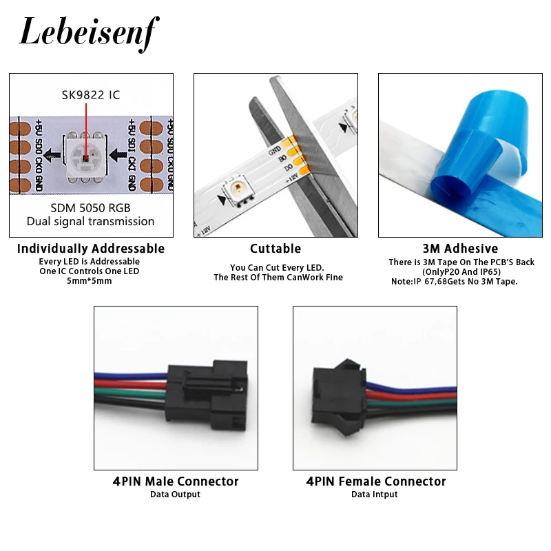 Imagem -02 - Duplo Spi Sinal Rgb Faixa de Luz 5v 30 60 144 Leds m Independente Endereçável Cor Mágica Pixel Fita Lâmpada Flexível Sk9822