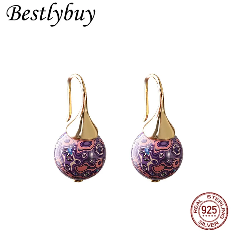 

S925 Серебряные лаковые фиолетовые серьги из сандалового дерева с круглыми бусинами, женские серьги оригинального дизайна, легкие роскошные банкетные украшения, новый подарок
