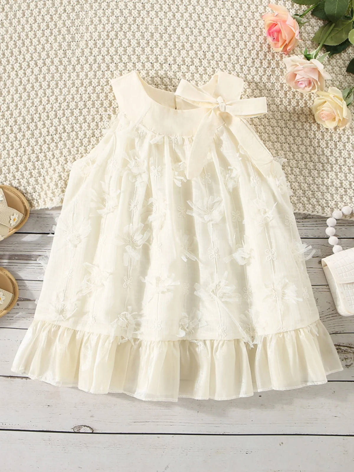 Vestido de Verão para Meninas com Camadas Duplas e Patchwork, Saia de Princesa com Flores Recortadas, Conjunto Fashion para M...