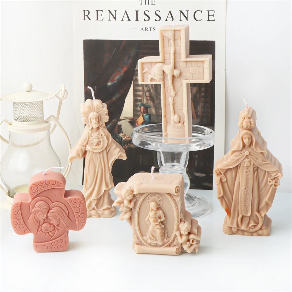 DIY Catholic Holy Jusus Family Candle Mold Jesus Virgin Mary Figurine Handmade Soap Plaster Silicone Mould Christmas Home Decor