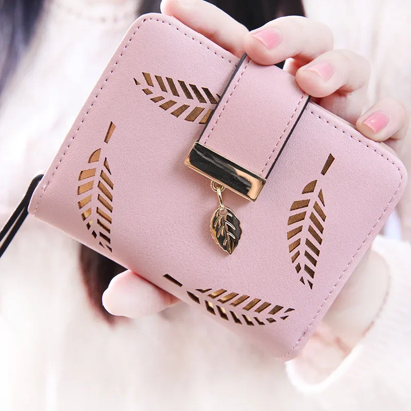 

New Korean Women's PU Leather Wallet Women's Short Money Bag Zipper Buckle Hollow Leaf Small Wallet Wallets for Women