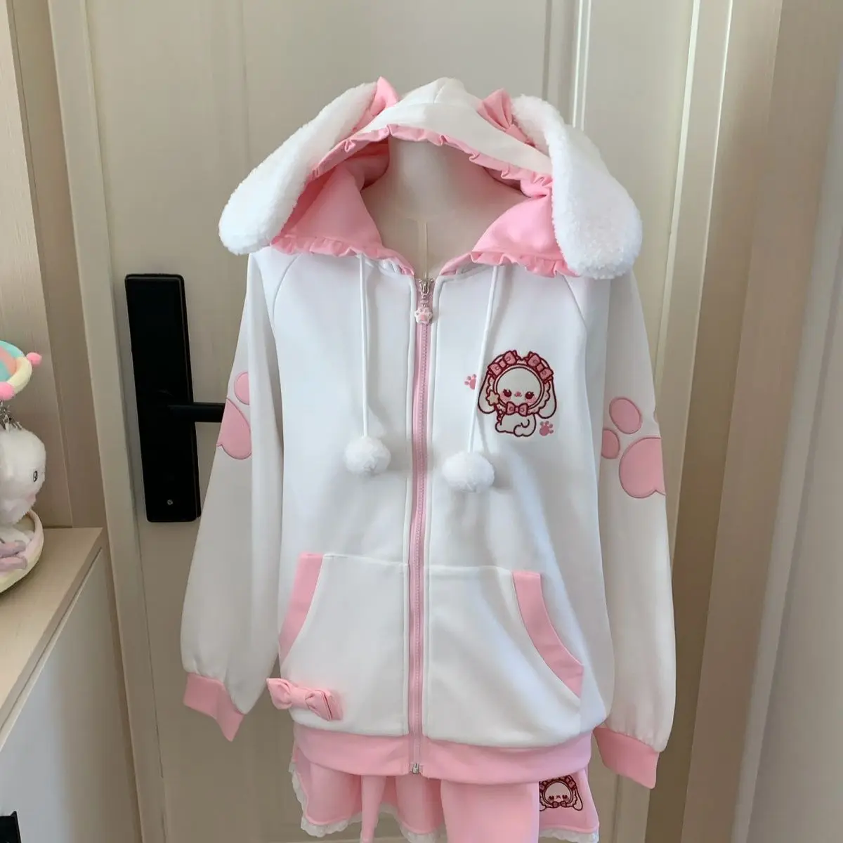 

Soft Girl Cute All Match Long-sleeved Rabbit Ears Hoodie + Lace Ruffle Elastic Waist Skirt Two Piece Sets Womens Outifits