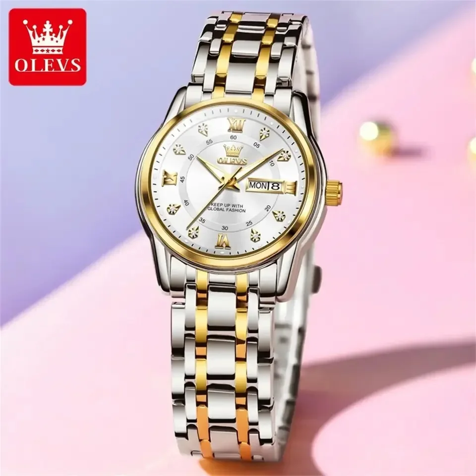 

OLEVS Luxury Quartz Watch for Women Stainless Steel Waterproof Luminous Dual Calendar Dial Wristwatches Bracelet Gift Set Reloj