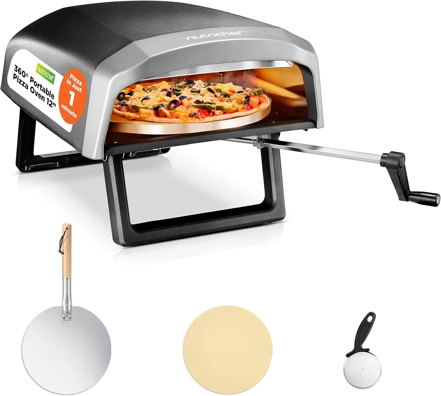 

Outdoor Pizza Oven - Manual 360° Rotating Stone Adjustable Heat Includes Peel, Cutter, Stone,