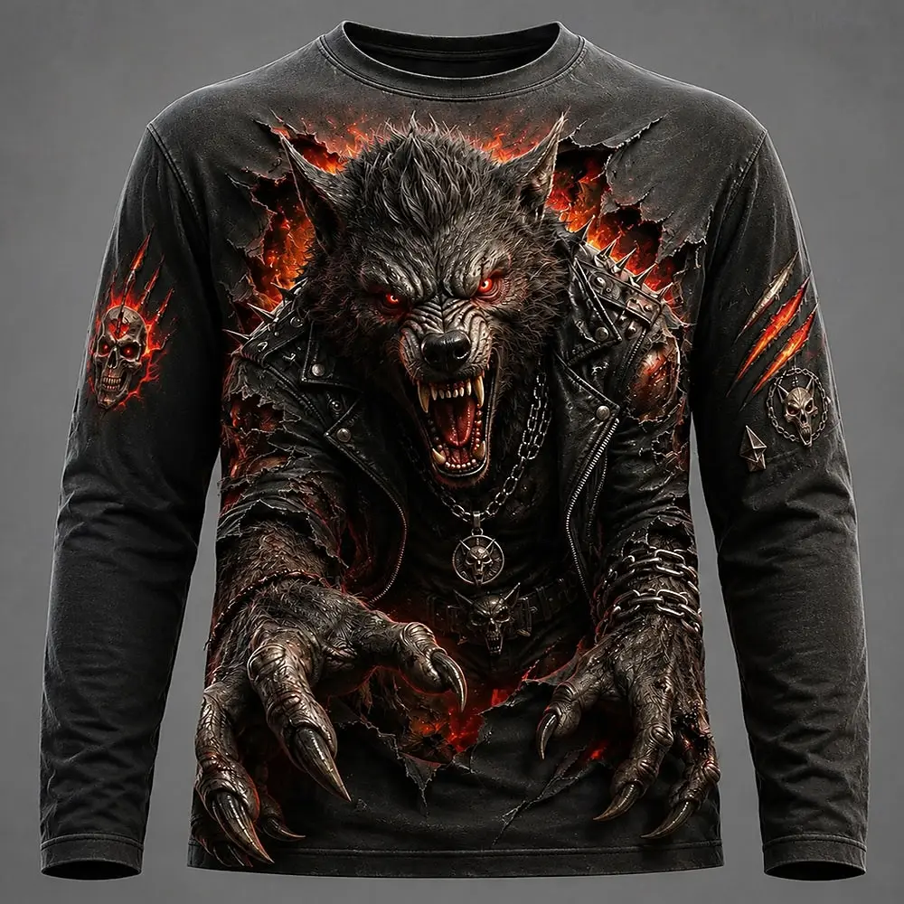 2026 Men's Ripped Paper Werewolf 3D Print Long Sleeve T-Shirt Full Moon Claw Skull Punk Gothic Crew Neck Casual Streetwear Top