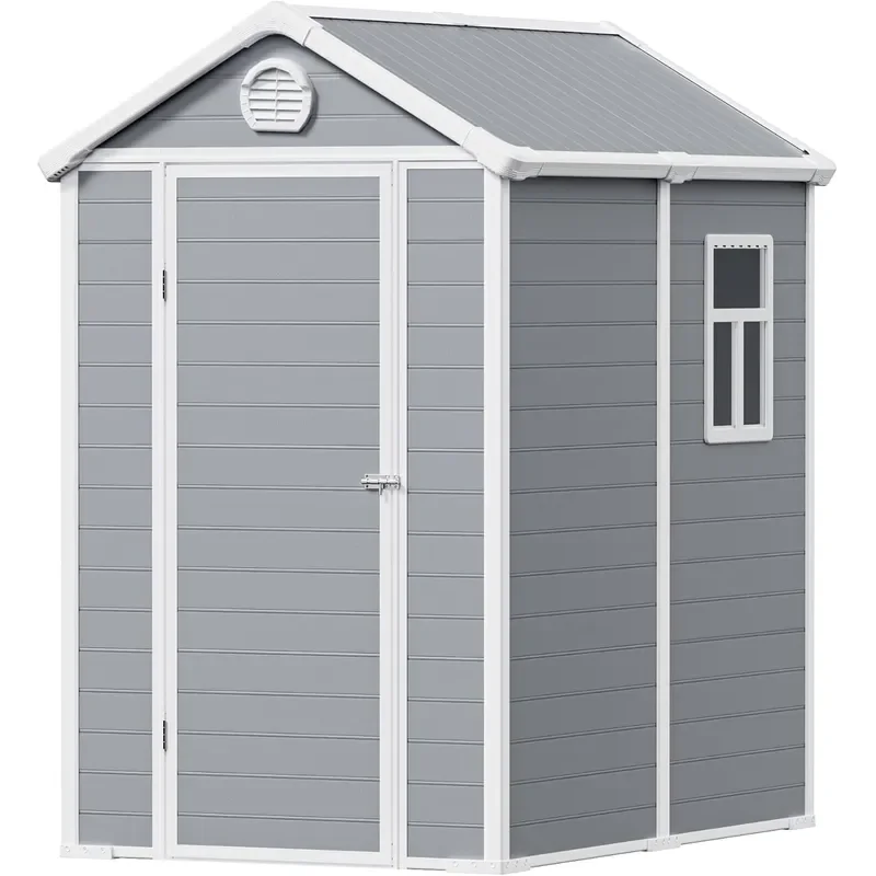 6x4.5 FT Plastic Sheds Outdoor Storage UV Resistant Storage Sheds Outdoor with Floor and Window All-Weather Garden Resin Tool
