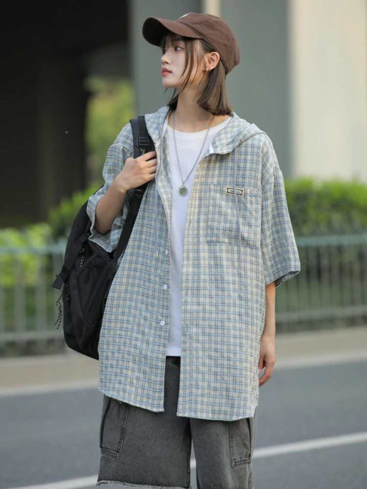 Hooded Shirts Women Plaid Loose Cozy Half Sleeve Youthful Vitality Simple Daily Slouchy Leisure Hipster Japanese Style Classic