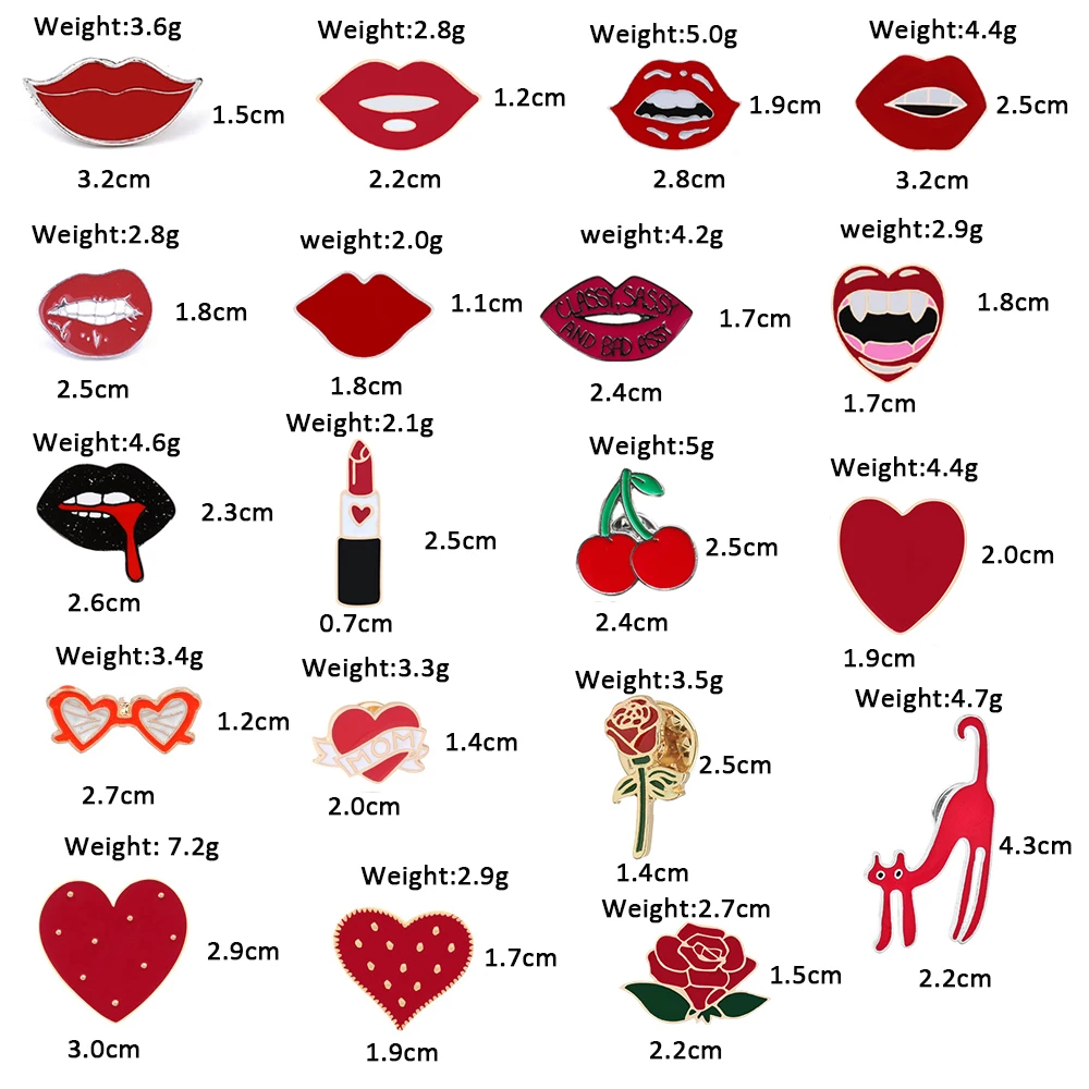 Women Brooches Sexy Lipstick Lip Love Heart Rose Enamel Pins Fashion Brooch Clothes Lapel Button Metal Pin Jewelry Accessories
