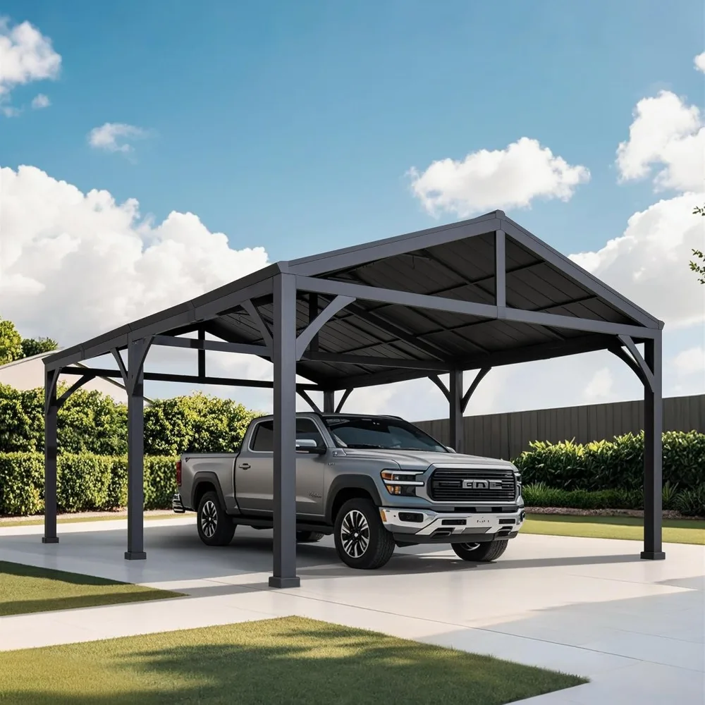 

14 ft. x 20 ft. Hardtop Gazebo Heavy Duty Garage Car Shelter with Brown Powder-Coated Steel Roof/Black Frame