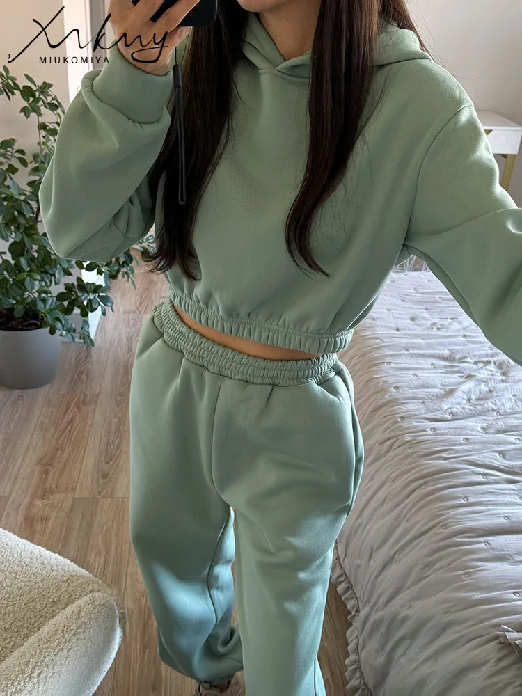 MiuKoMiYa Women Winter Warm Thick Pants Sets Fleece Crop Hoodies Loose Fashion Tracksuits For Women 2-częściowe grube spodnie dresowe