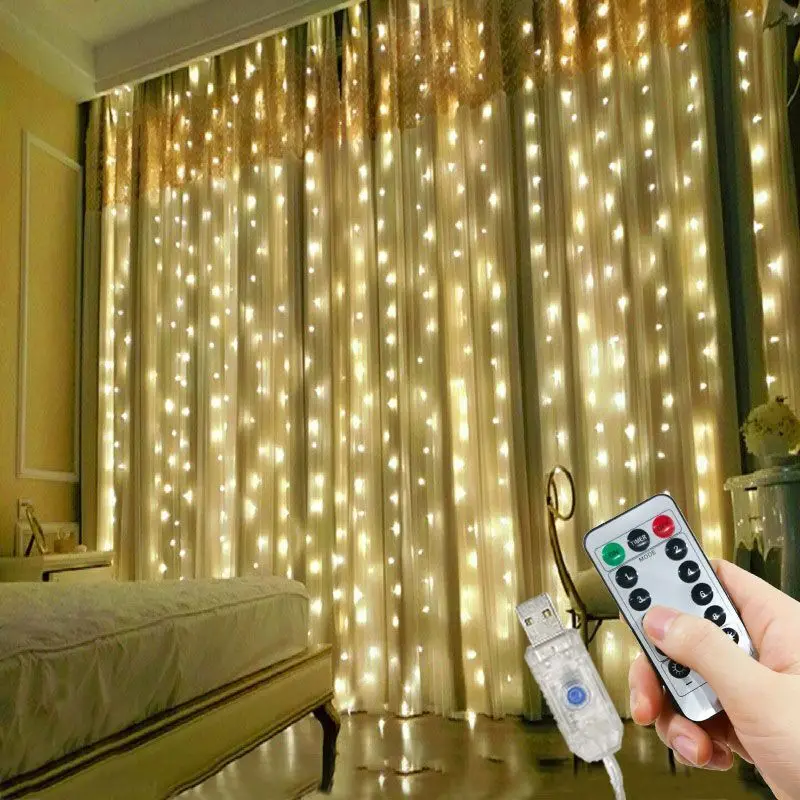 Guirnalda de luces LED con 8 modos para decoración navideña, cadena de luces de hadas para fiesta de cumpleaños, boda, 3M, 4M, 6M, cortina de luz USB