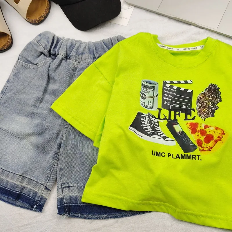 Toddler Street Wear Outfit, Fashion Boys Bright Green Printed T-shirt+Denim Shorts 2pcs/Set Summer Casual Children Clothing Suit
