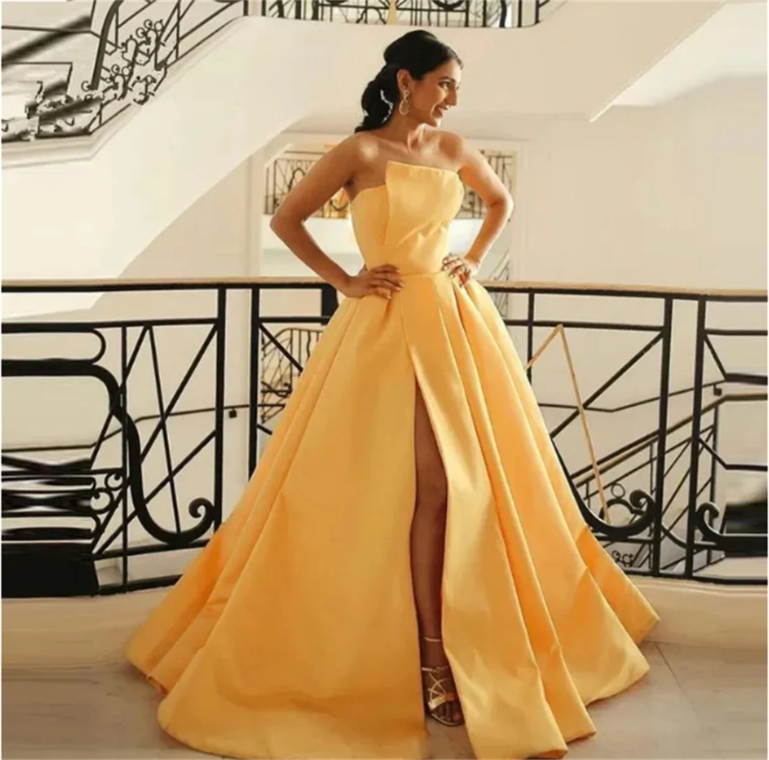 

Yellow Soft Satin Long Prom Dresses Sexy Side Split Evening Dress For Women A-Line Sleeveless Robe De Soirée Luxe élégante 2024