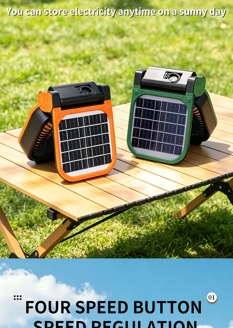 Solarbetriebener Campingventilator, tragbarer, wiederaufladbarer Tischventilator für den Außenbereich mit LED-Licht, Powerbank, Klapphaken für Zelt und Angeln – Detail 4