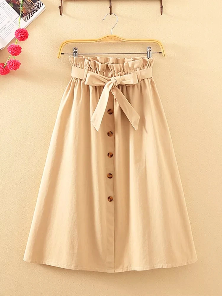 Summer Autumn Skirts Womens Midi Knee Length Korean Elegant Button High Waist Skirt Female Pleated School Skirt