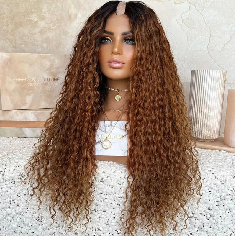 

Ombre Orange Golden Blonde V Part Wigs for Women Unprocessed 100% Human Hair 250% Density Brown Kinky Curly U Shape Wig Full End