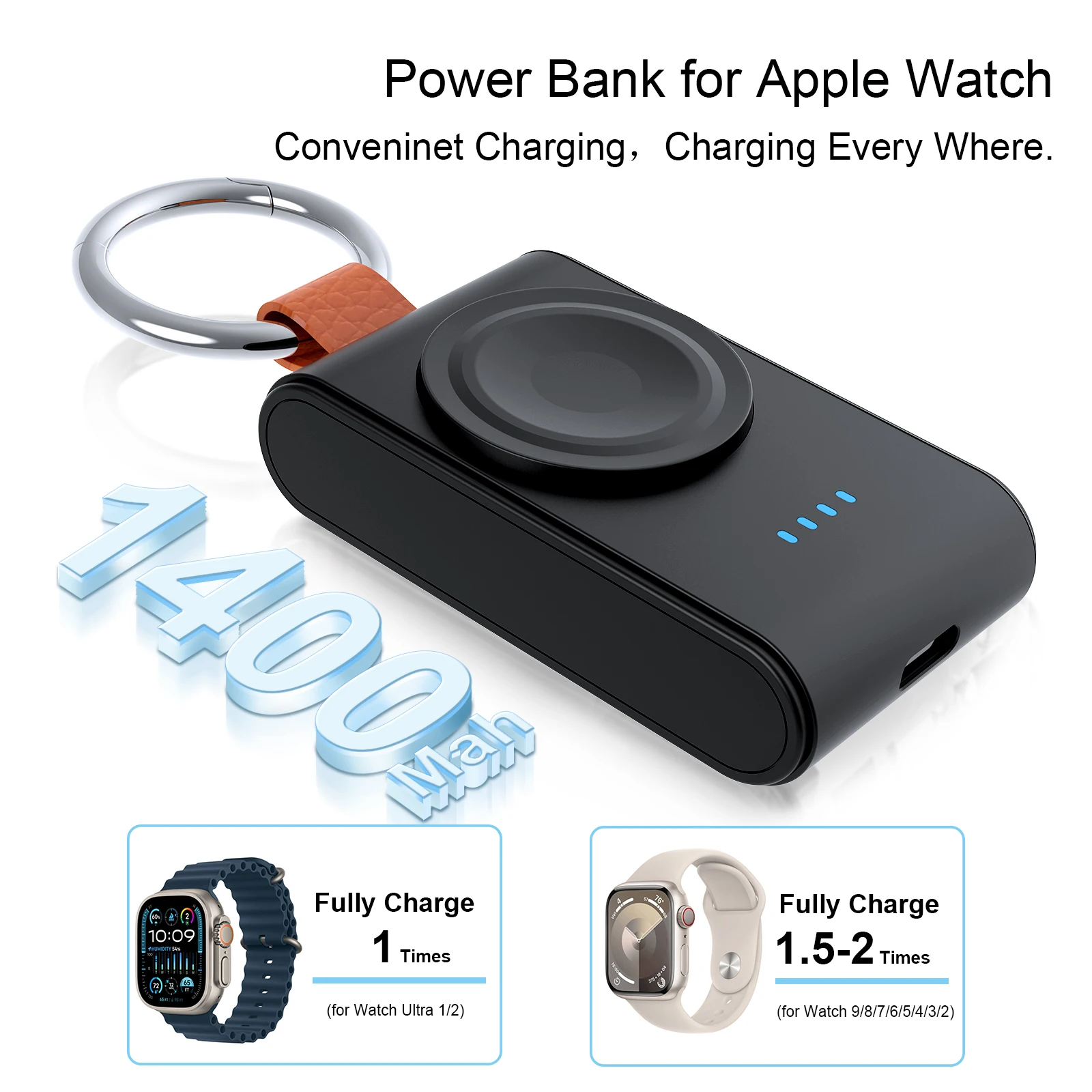 Portable Charger for Apple Watch 9 Ultra 1400Mah Wireless Charger Keychain for Apple Watch Series 9/8/UItra/7/6/SE/5/4/3/2/1