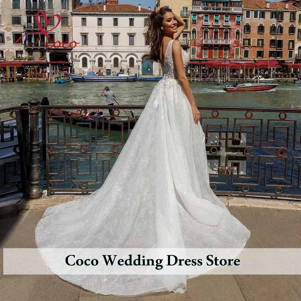 Customized Luxury A Line V Neck See Through Lace Wedding Dresses High Slit Bridal Gowns with Chapel Train Vestido De Novia